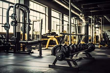 Interior of a fitness hall with gym equipment. Toned imageの素材