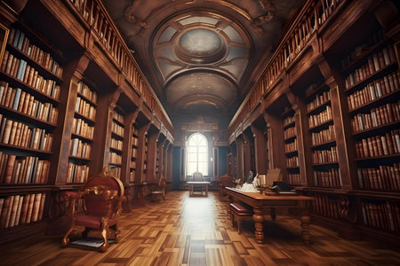 Old library interior with bookshelf and wooden floor. 3d renderingの素材