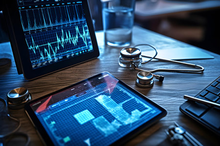 Tablet pc and stethoscope on wooden table in medical workspaceの素材