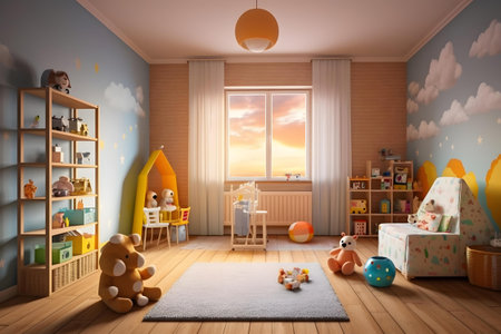 3d rendering of a children's room with a teddy bearの素材