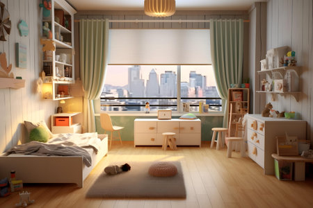 3d rendering of children's room in a childrens room with a view of the cityの素材