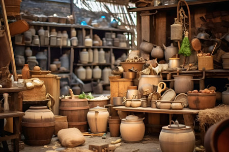 Clay pots and other utensils in a pottery shopの素材
