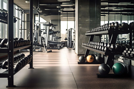 Interior of a fitness hall with row of dumbbells and weightsの素材