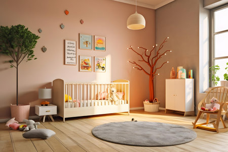 3d rendering of a children's room with a crib and toysの素材