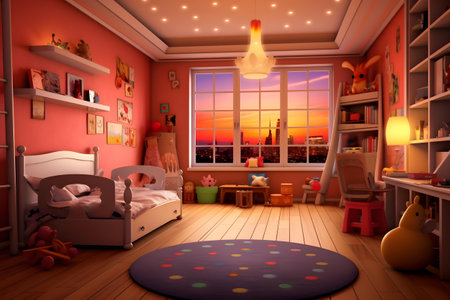 3D rendering of a children's room with a view of the sunsetの素材