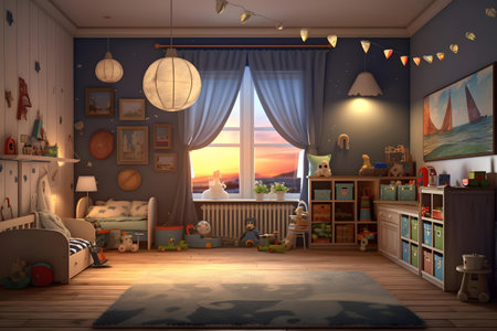 Children's room with a beautiful view of the sunset. 3D rendering.の素材