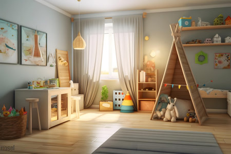 3d render of childrens room interior with playroom and toysの素材