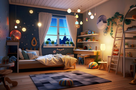 Children's room with a beautiful view of the city. 3D rendering.の素材