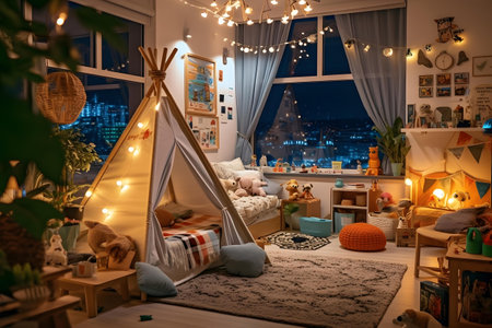 Children's room with a beautiful view of the city in the eveningの素材