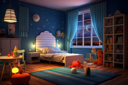 Illustration of a children's room with a beautiful night view.の素材