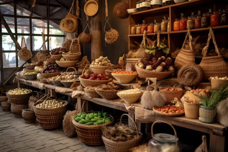 Dried fruits and vegetables for sale at a market in Bali, Indonesiaの素材