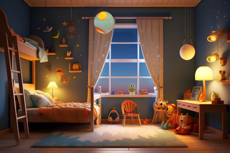 Children's room interior. Children's room with a window. 3D rendering.の素材