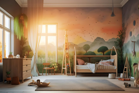 Interior of children's room in scandinavian style. 3d renderの素材