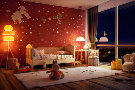 Children's room with a beautiful night view. 3D rendering.の素材