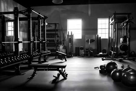Interior of a fitness hall with equipment in black and white.の素材