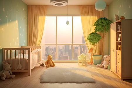 3d render of children room interior with crib and teddy bearの素材