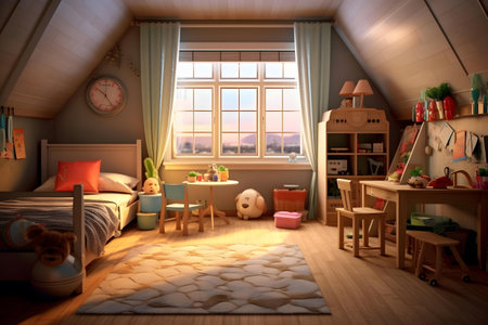 Children's room in the attic of a wooden house. 3d renderingの素材