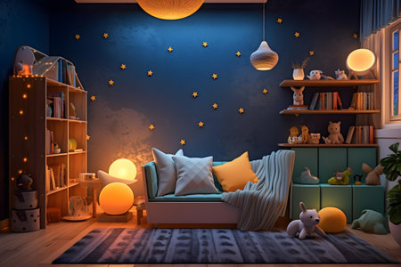 Interior of children's room with blue walls, wooden floor and comfortable sofa with pillows. 3d renderingの素材