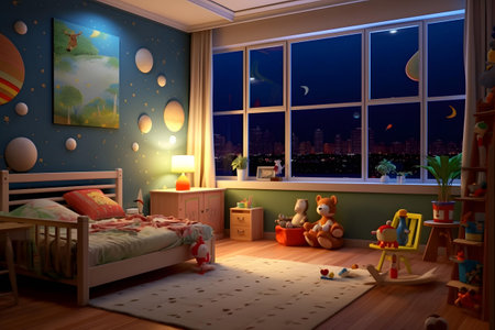 Children's room with a view of the night city. 3D rendering.の素材