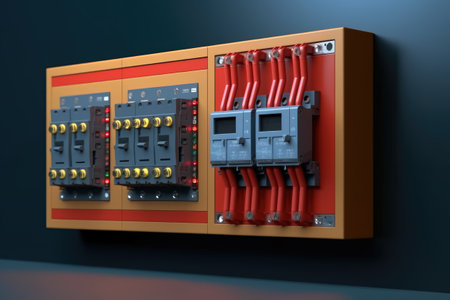 Electrical panel with wires and switches. 3d render illustration.の素材