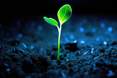 Young green seedling illustrating concept of new life and eco-friendly livingの素材