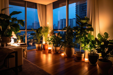 Interior of a room with plants by the window at night.の素材