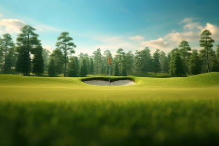 Golf course with sand trap and green grass, 3d renderの素材
