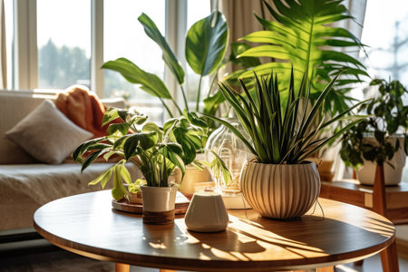 Interior of modern living room with plants in pots on the tableの素材