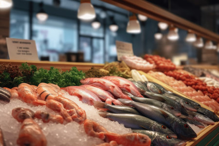 Variety of fish and seafood on display at the fish market.の素材