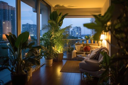 Interior of a living room with a view of the city at nightの素材