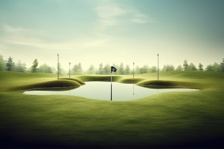 Golf course landscape with green field and flag. Vintage style.の素材