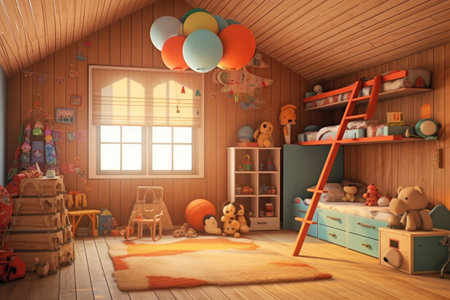 3d rendering of a childrens room with a wooden wall and toysの素材