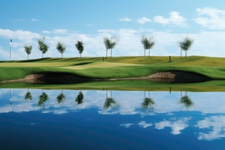 Golf course landscape with trees and reflection in water, 3d render