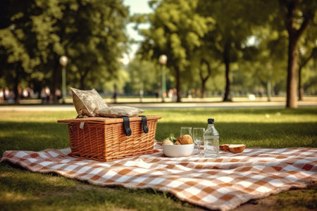 Picnic basket on a blanket in the park. Picnic conceptの素材