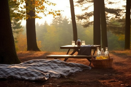 Picnic in the forest at sunset. Picnic on the nature.の素材