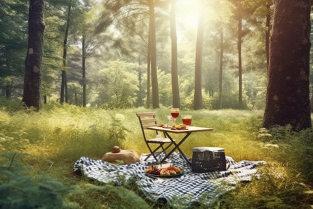 Picnic in the forest. Picnic in the forest. Picnic in the woods.の素材