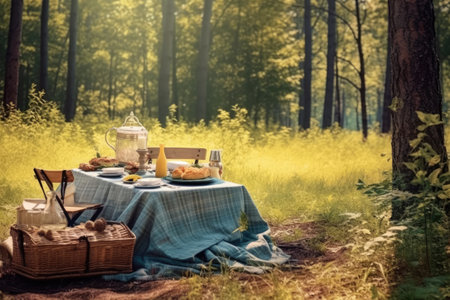 Autumn picnic in the forest. Wooden table with food, tea, croissants and croissants.の素材