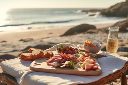 Wooden board with prosciutto, bread and berries on beachの素材