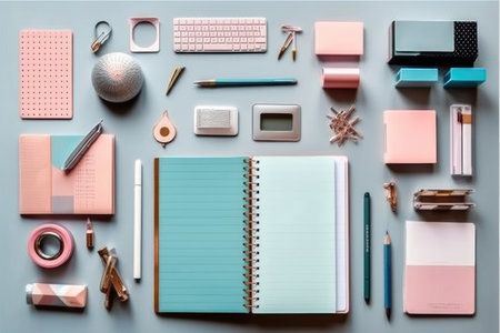 Flat lay of office stationery on grey background with copy spaceの素材