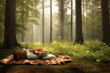 Picnic in the forest. Picnic basket and two glasses of wine on a blanket.の素材