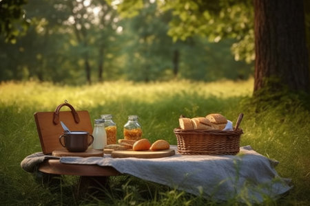 Picnic in the park. Picnic basket with bread, jam, milk and croissants.の素材