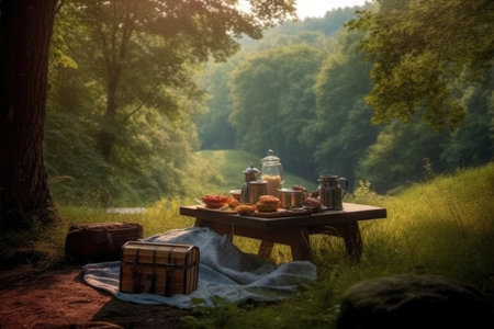 Picnic in the forest. Table with food, croissants and wine glasses.の素材