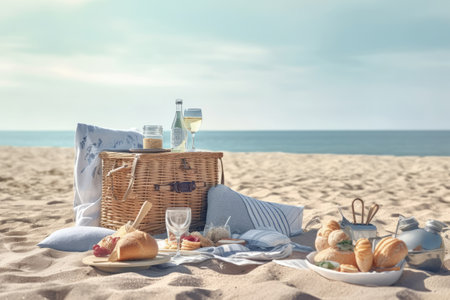 Picnic on the beach. Picnic basket with food on the sandの素材
