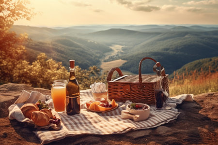 Picnic on the mountain at sunset. Picnic basket with food and drink on the nature.の素材