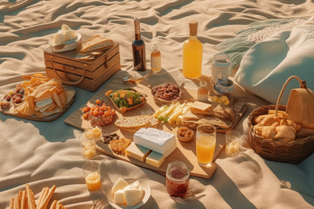 Picnic on the beach. Sandwiches, cheese, fruit, juice, sandwiches on the sandの素材