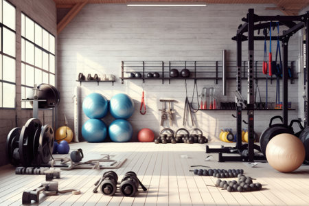 3d rendering of fitness room with sport equipment in the loft styleの素材
