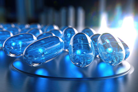 3d rendering of blue pills in a row on a metal backgroundの素材