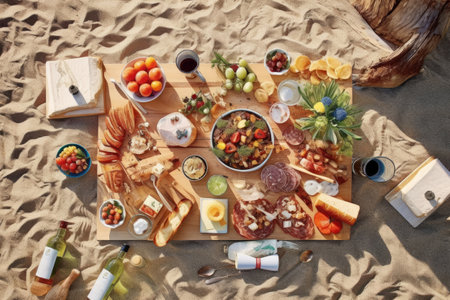 Picnic on the beach. Top view of wooden board with food and drinks on sand.の素材