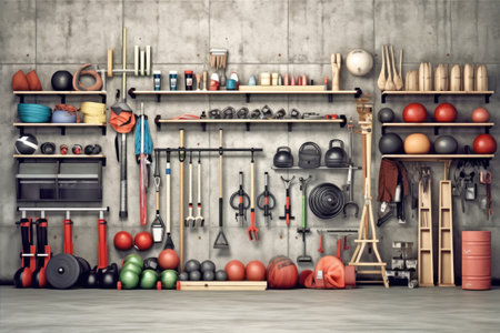 Gardening tools and equipment in a garage. 3d renderingの素材