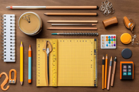 School supplies on a wooden background. Back to school. Top view.の素材